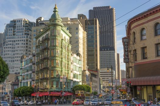 San Francisco, Ca, USA, October 22, 2016: The Coppola building  and Kearny St. in San Francisco