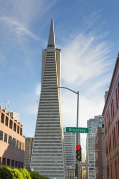 San Francisco, Ca, USA, October 22, 2016: The Transamerica building with the Broadway street sign