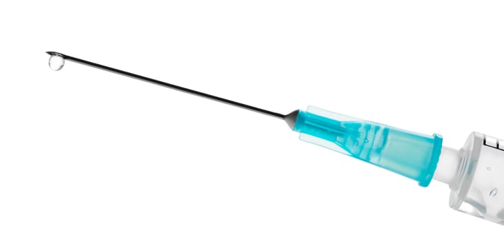 Medical syringe needle closeup on a white background
