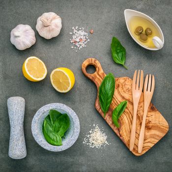 The ingredients for homemade pesto sauce : basil, parmesan cheese ,garlic, olive oil , lemon and himalayan salt over dark concrete background.