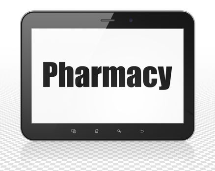 Healthcare concept: Tablet Pc Computer with black text Pharmacy on display, 3D rendering