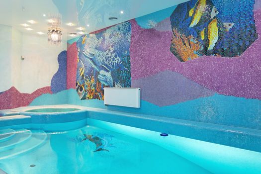 Swimming pool luxury design with mosaic fish on the wall