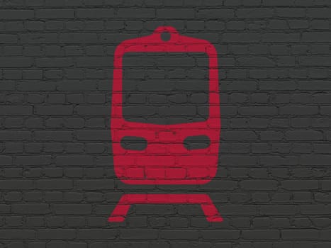 Tourism concept: Painted red Train icon on Black Brick wall background