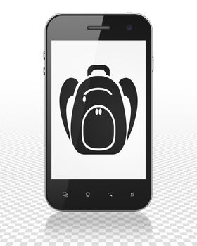 Tourism concept: Smartphone with black Backpack icon on display, 3D rendering