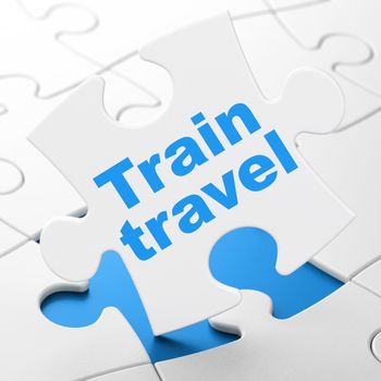 Vacation concept: Train Travel on White puzzle pieces background, 3D rendering