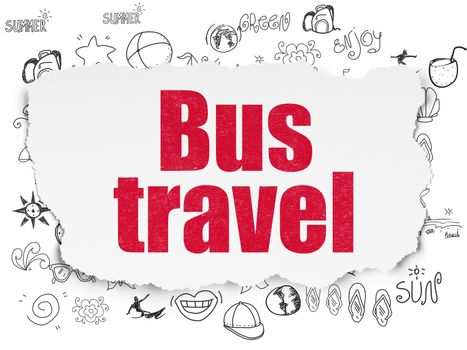 Travel concept: Painted red text Bus Travel on Torn Paper background with  Hand Drawn Vacation Icons