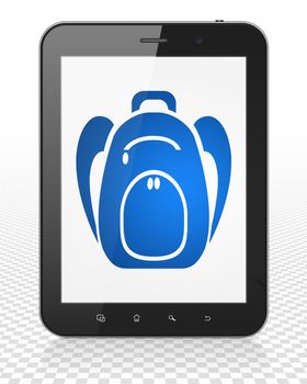 Vacation concept: Tablet Pc Computer with blue Backpack icon on display, 3D rendering