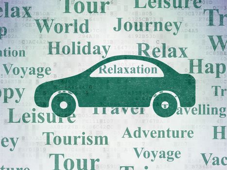 Tourism concept: Painted green Car icon on Digital Data Paper background with  Tag Cloud