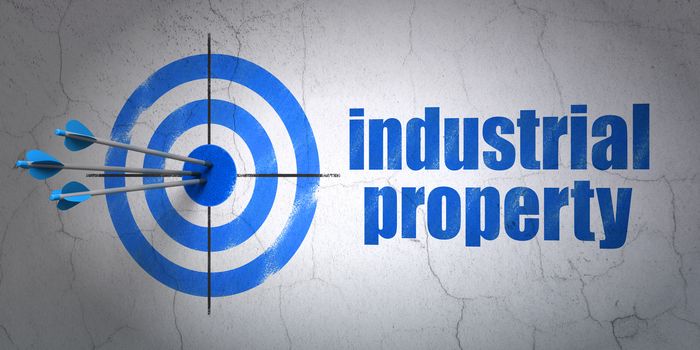 Success law concept: arrows hitting the center of target, Blue Industrial Property on wall background, 3D rendering