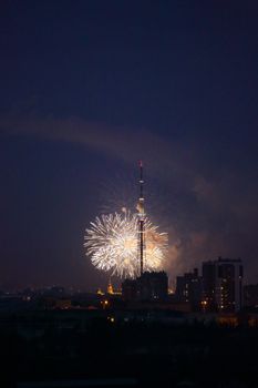 Salute fireworks explosions city night lights Saint-Petersburg