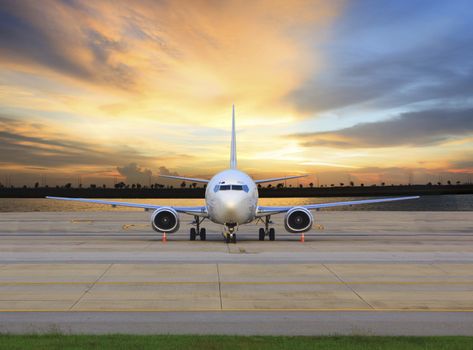 passenger jet plane parking on airport runways use for business transport and cargo logistic background