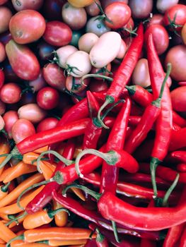 Closeup view of fresh tomato and chili, view group of many tomato and chili, tomato and chili background