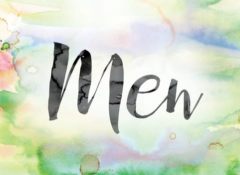 The word "Men" painted in black ink over a colorful watercolor washed background concept and theme.