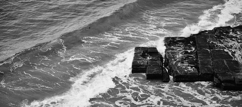 View of Tessellated Pavement in Pirates Bay, Tasmania. Black and White.