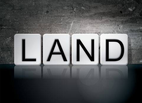 The word "Land" written in white tiles against a dark vintage grunge background.