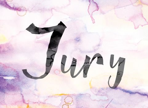 The word "Jury" painted in black ink over a colorful watercolor washed background concept and theme.