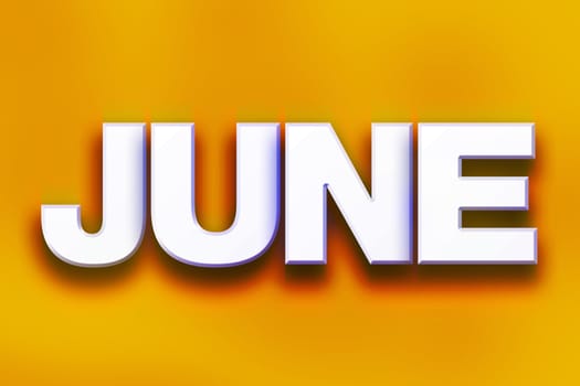 The word "June" written in white 3D letters on a colorful background concept and theme.