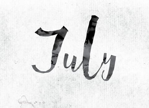 The word "July" concept and theme painted in watercolor ink on a white paper.