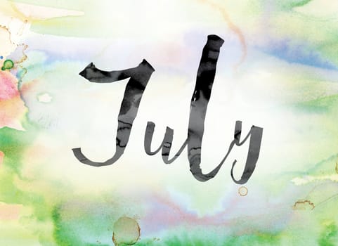 The word "July" painted in black ink over a colorful watercolor washed background concept and theme.