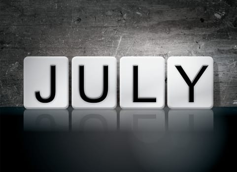 The word "July" written in white tiles against a dark vintage grunge background.