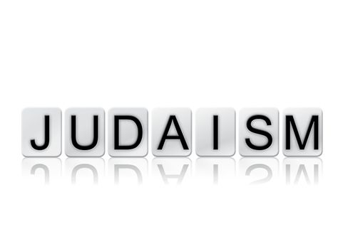 The word "Judaism" written in tile letters isolated on a white background.