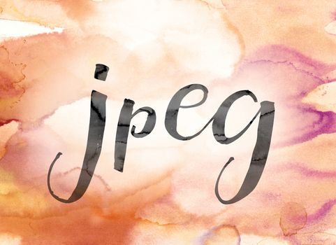 The word "jpeg" painted in black ink over a colorful watercolor washed background concept and theme.