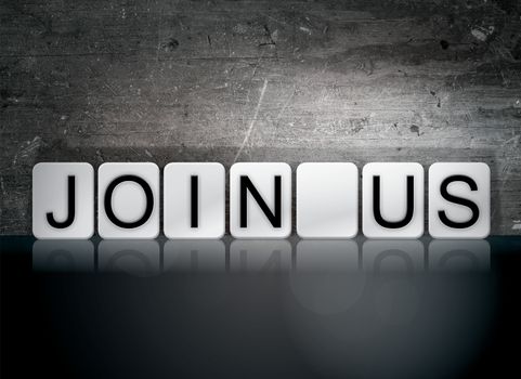 The word "Join Us" written in white tiles against a dark vintage grunge background.