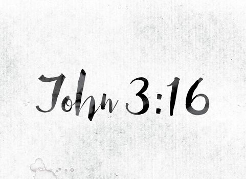 The word "John 3:16" concept and theme painted in watercolor ink on a white paper.