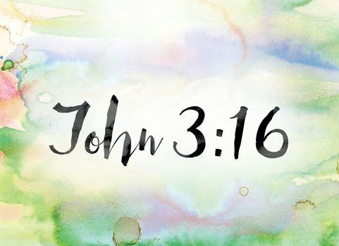 The word "John 3:16" painted in black ink over a colorful watercolor washed background concept and theme.