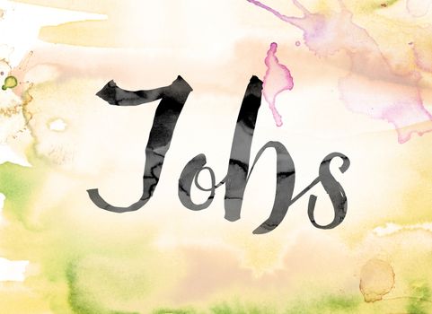 The word "Jobs" painted in black ink over a colorful watercolor washed background concept and theme.