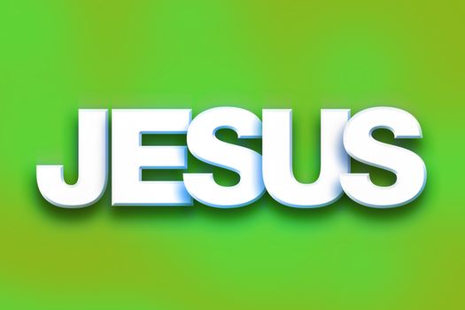 The word "Jesus" written in white 3D letters on a colorful background concept and theme.