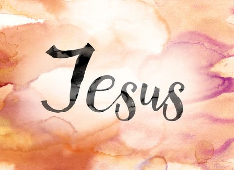 The word "Jesus" painted in black ink over a colorful watercolor washed background concept and theme.