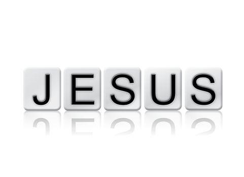 The word "Jesus" written in tile letters isolated on a white background.