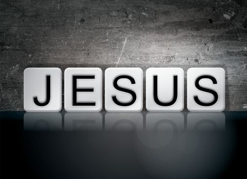 The word "Jesus" written in white tiles against a dark vintage grunge background.