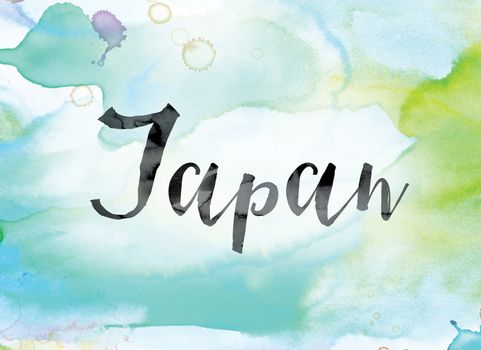 The word "Japan" painted in black ink over a colorful watercolor washed background concept and theme.