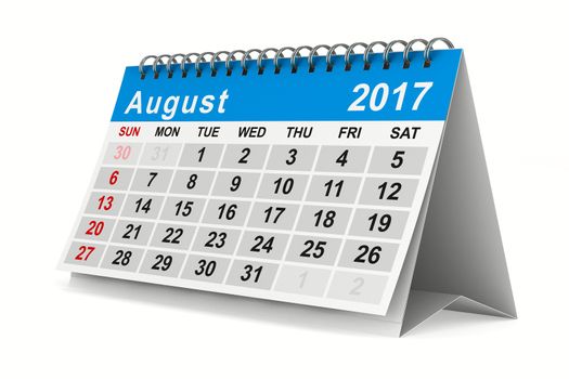 2017 year calendar. August. Isolated 3D image