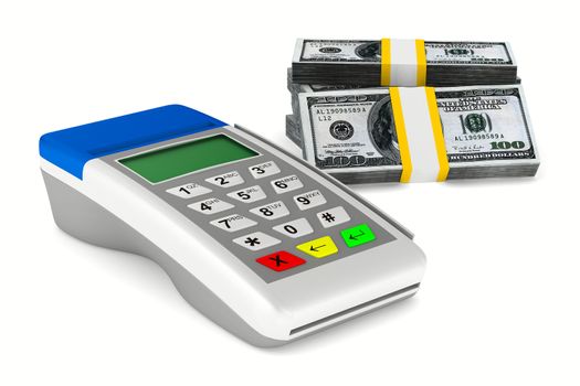 payment terminal and cash on white background. Isolated 3d image