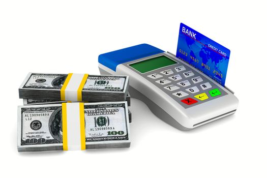 payment terminal and cash on white background. Isolated 3d image