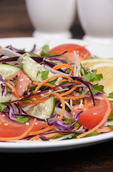 Salad of white and blue chopped cabbage, carrots, cucumber, tomato dressed with oil, lemon, sesame