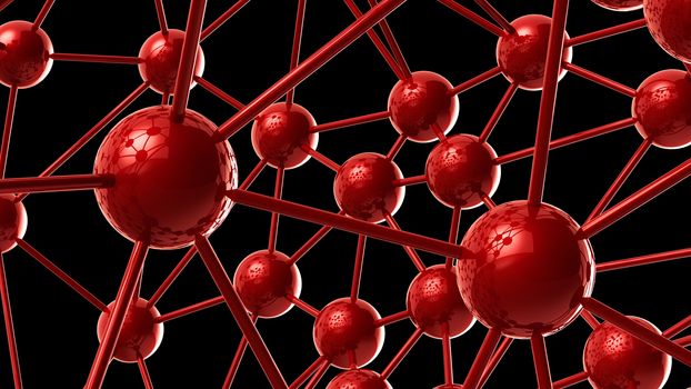 red Molecular geometric chaos abstract structure. Science technology network connection hi-tech background 3d rendering illustration.