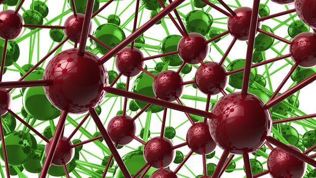 red and green Molecular geometric chaos abstract structure. Science technology network connection hi-tech background 3d rendering illustration.