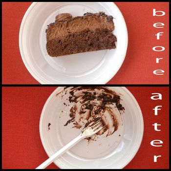 Dark chocolate cake, before and after. disposable plate,