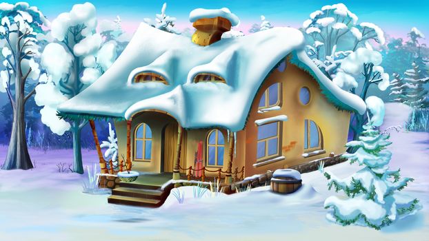 Fairy Tale House in a Winter Forest.  Daytime.  Handmade illustration in a classic cartoon style.