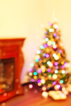 Background of Christmas, New Year tree with defocused lights.