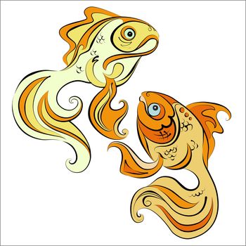 Illustration of two stylized gold fish on white background