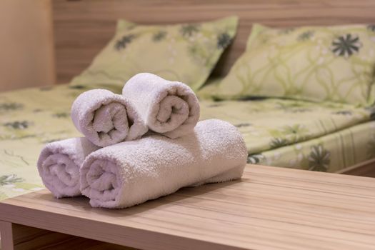 White towel on table in Hotel Room,Room service.