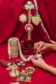 Christmas toys and decorations are handmade by women's hands