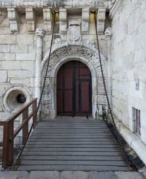 entrance with the old bridge to the belem tower in Lisbon Portugal