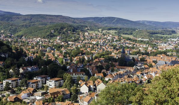 the german village wernigerode skyline with church houses and hotels 