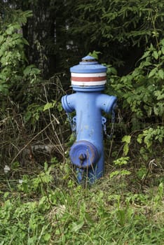 old type of blue metal fire hydrtant in green area